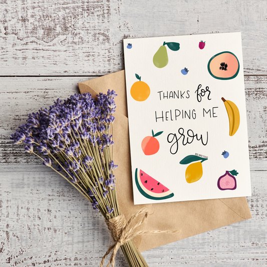 Thanks for Helping Me Grow Card | Sweet Fruit Motif Card | Thank You Card | Handmade Blank Greeting Card | Modern Calligraphy