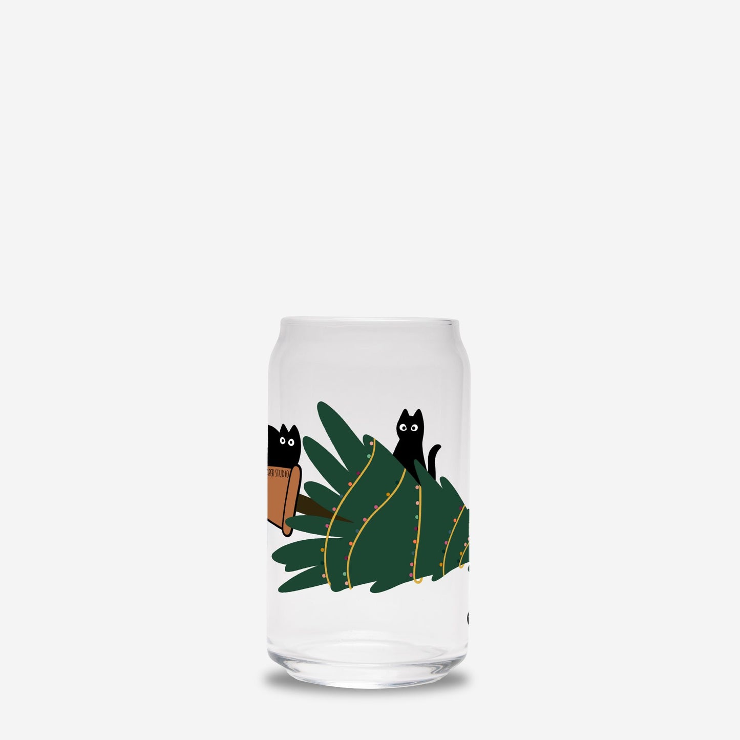 Meowy Christmas Glass Can | 16oz | Cozy Drinkware| Iced Coffee Glass | Reusable Glass Tumbler | Cute Tea Cup | Hand Drawn Design
