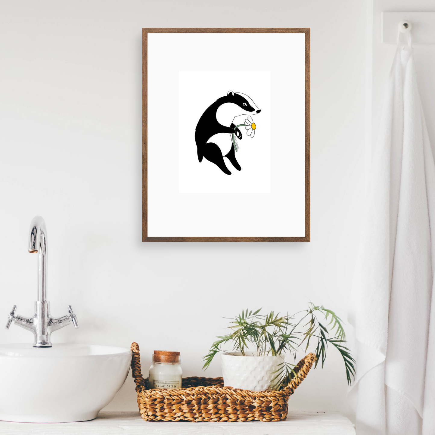 Bernadette the Badger Print | Badger with Daisy Botanical Art | Nursery Wall Art | Home Decor | Hand Drawn Animal Artwork