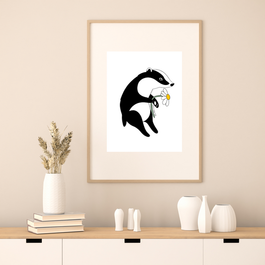 Bernadette the Badger Print | Badger with Daisy Botanical Art | Nursery Wall Art | Home Decor | Hand Drawn Animal Artwork
