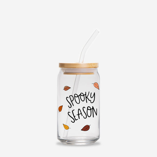 Spooky Season Glass Can | 16oz | Cozy Drinkware| Iced Coffee Glass | Reusable Glass Tumbler | Cute Tea Cup | Hand Drawn Design
