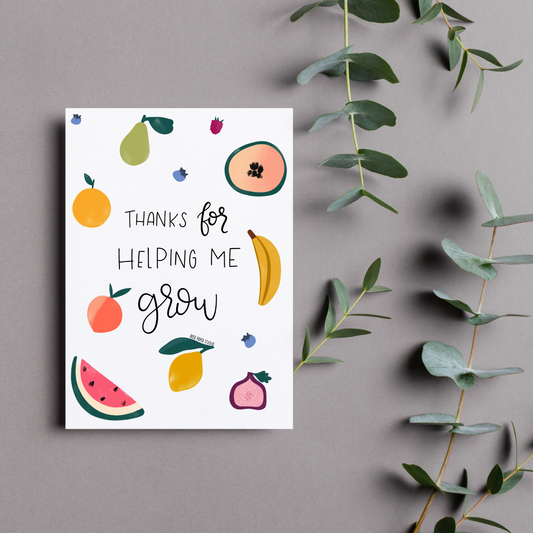Thanks for Helping Me Grow Card | Sweet Fruit Motif Card | Thank You Card | Handmade Blank Greeting Card | Modern Calligraphy
