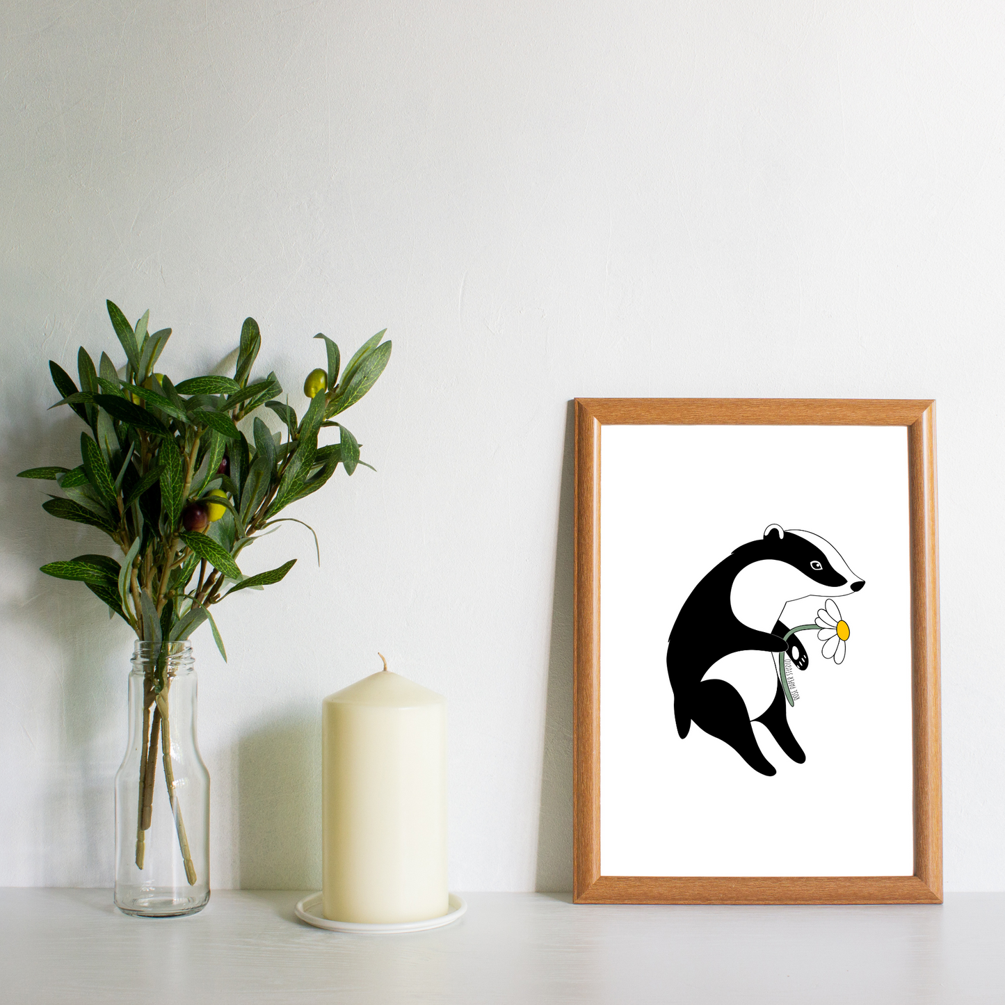 Bernadette the Badger Print | Badger with Daisy Botanical Art | Nursery Wall Art | Home Decor | Hand Drawn Animal Artwork