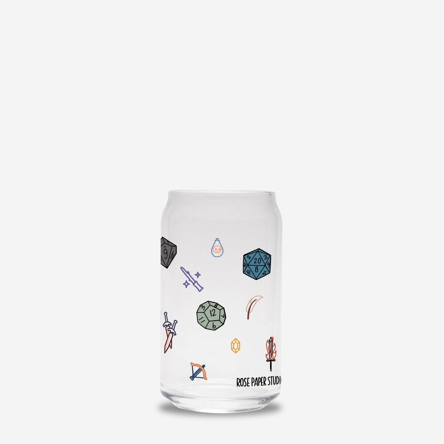 D&D Icons Glass Can Cup | 16oz | Cozy Drinkware| Iced Coffee Glass | Reusable Glass Tumbler | Cute Tea Cup | Hand Drawn Design
