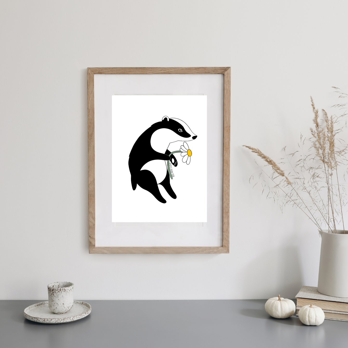 Bernadette the Badger Print | Badger with Daisy Botanical Art | Nursery Wall Art | Home Decor | Hand Drawn Animal Artwork