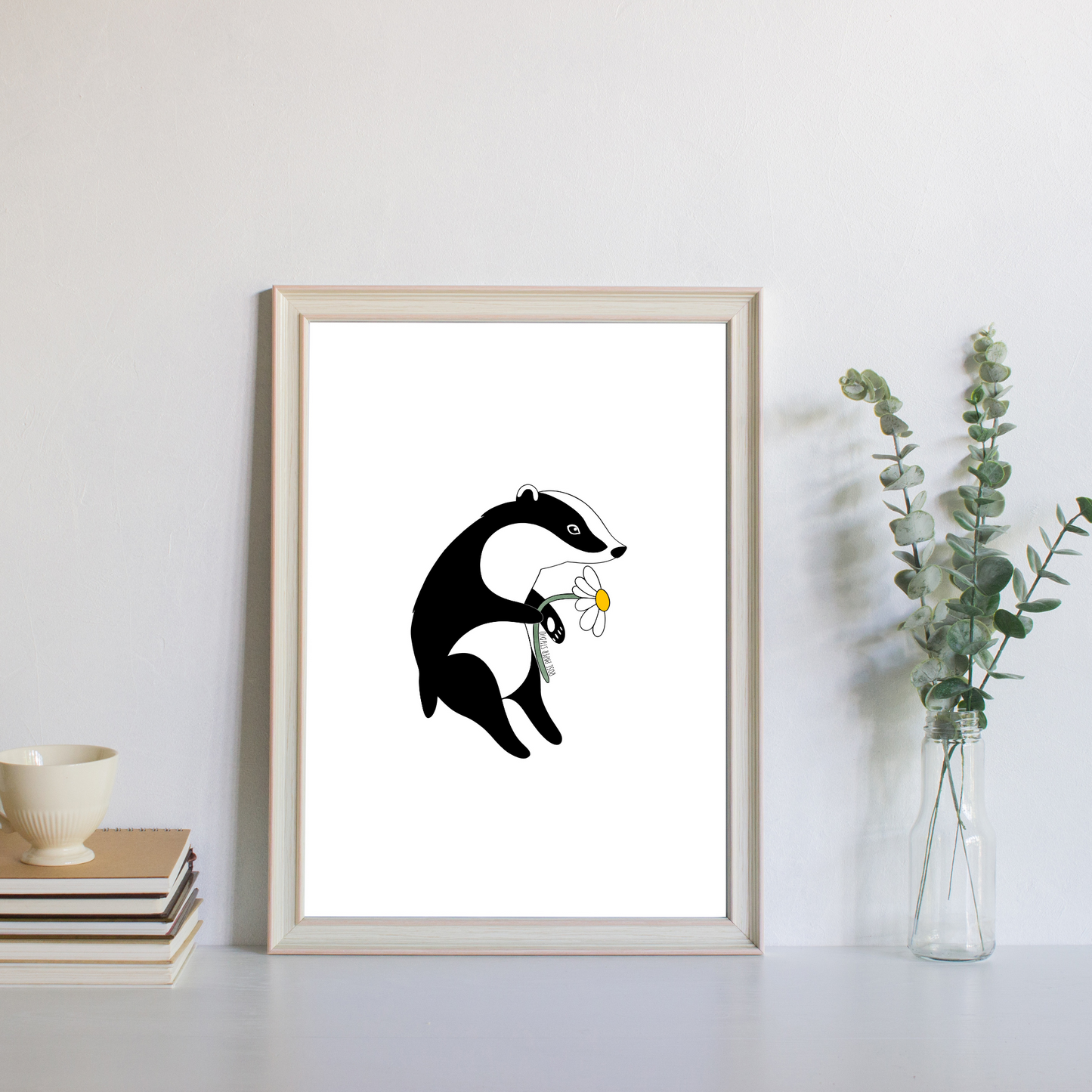 Bernadette the Badger Print | Badger with Daisy Botanical Art | Nursery Wall Art | Home Decor | Hand Drawn Animal Artwork