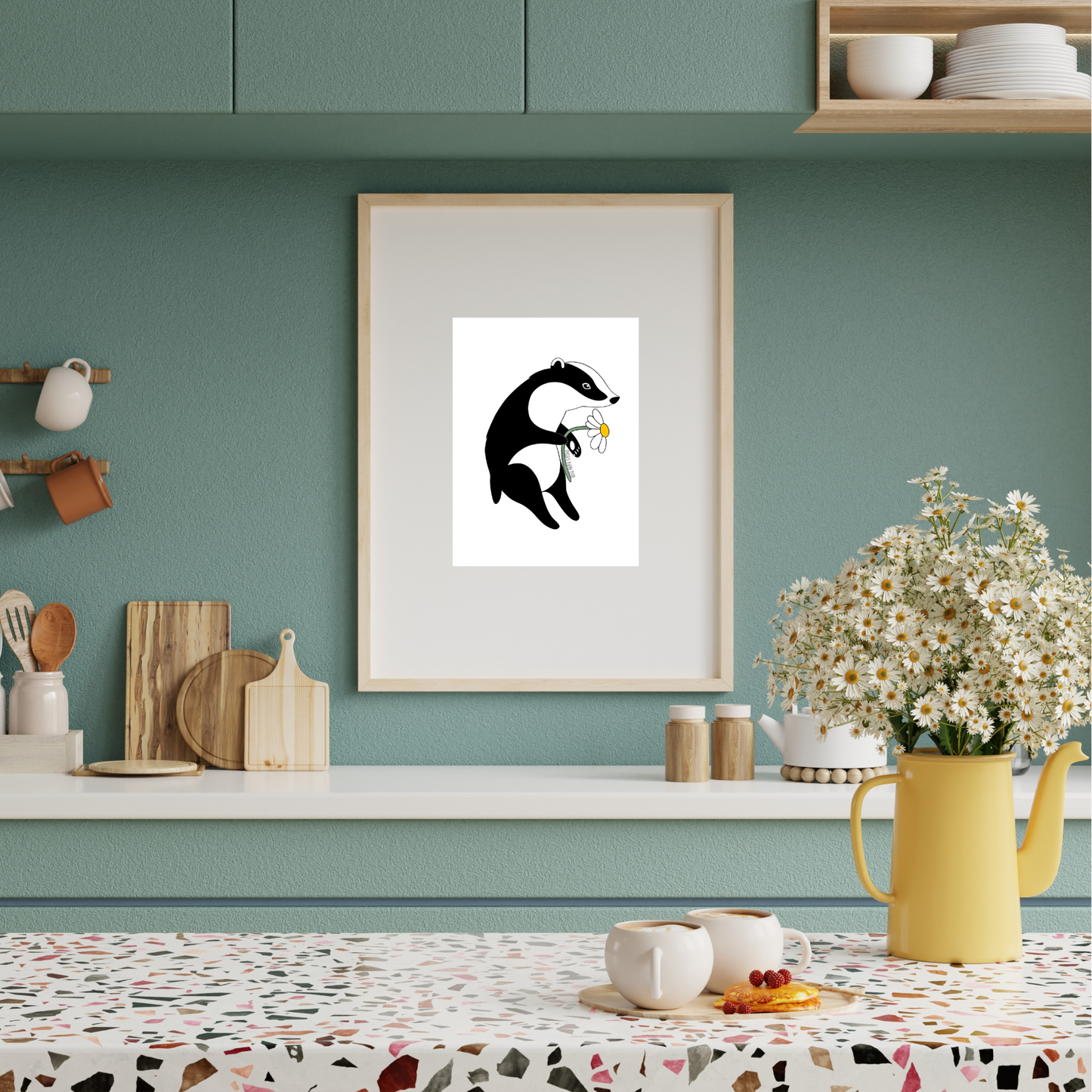 Bernadette the Badger Print | Badger with Daisy Botanical Art | Nursery Wall Art | Home Decor | Hand Drawn Animal Artwork