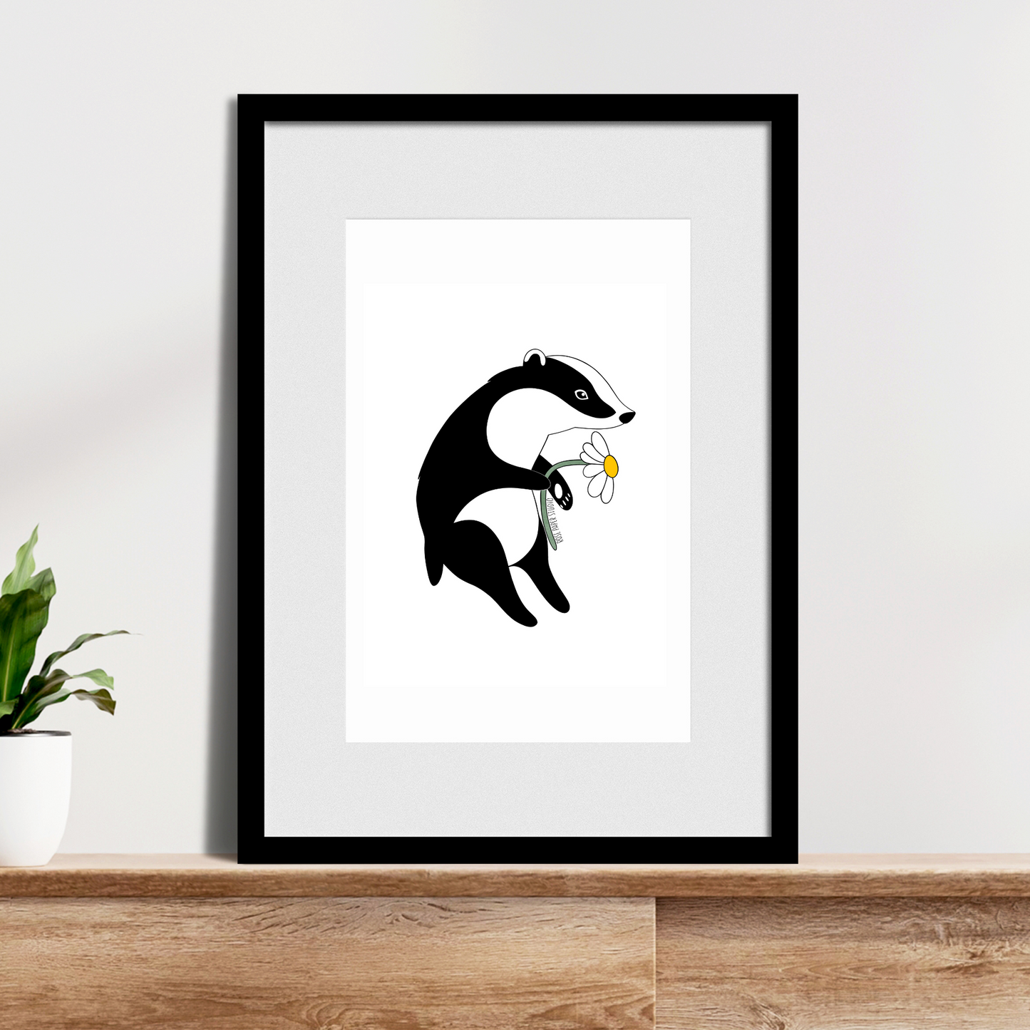 Bernadette the Badger Print | Badger with Daisy Botanical Art | Nursery Wall Art | Home Decor | Hand Drawn Animal Artwork