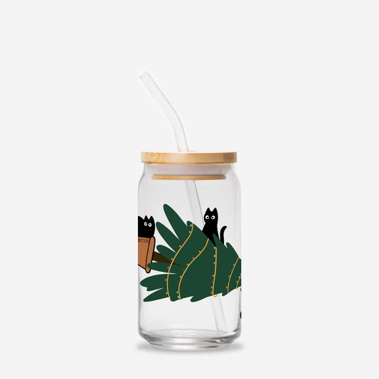 Meowy Christmas Glass Can | 16oz | Cozy Drinkware| Iced Coffee Glass | Reusable Glass Tumbler | Cute Tea Cup | Hand Drawn Design