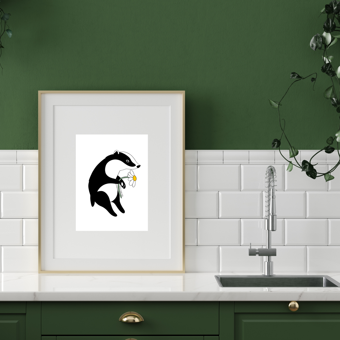 Bernadette the Badger Print | Badger with Daisy Botanical Art | Nursery Wall Art | Home Decor | Hand Drawn Animal Artwork
