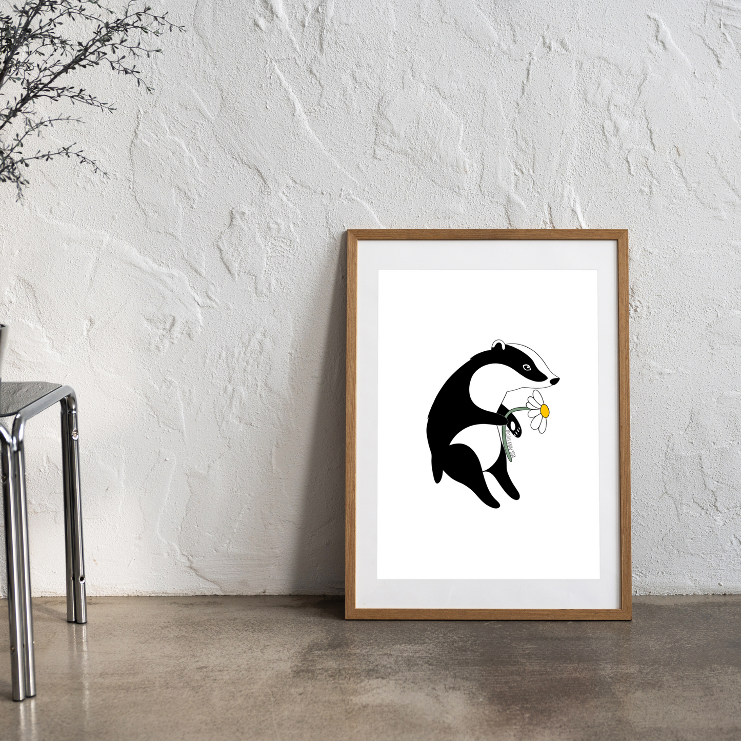 Bernadette the Badger Print | Badger with Daisy Botanical Art | Nursery Wall Art | Home Decor | Hand Drawn Animal Artwork