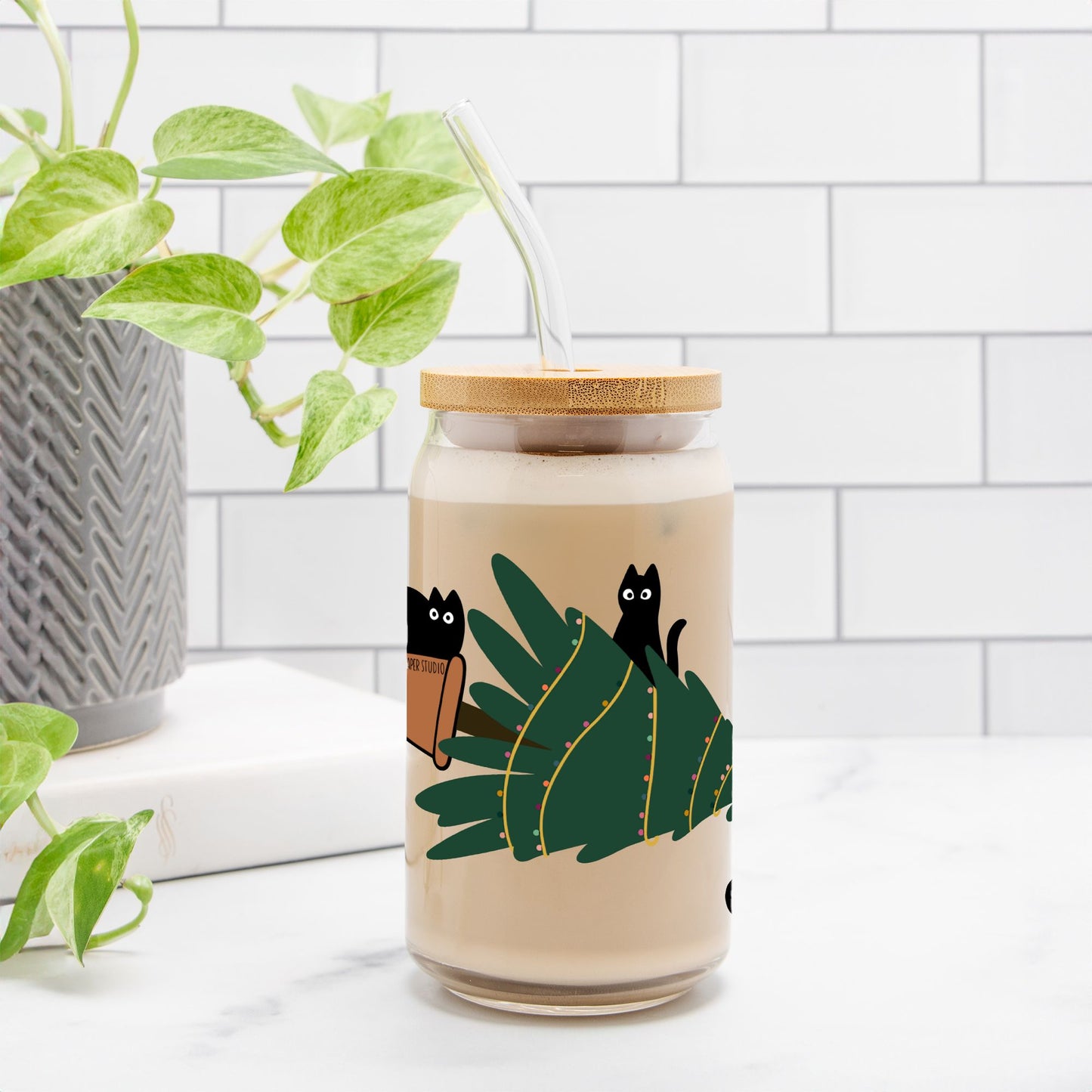 Meowy Christmas Glass Can | 16oz | Cozy Drinkware| Iced Coffee Glass | Reusable Glass Tumbler | Cute Tea Cup | Hand Drawn Design