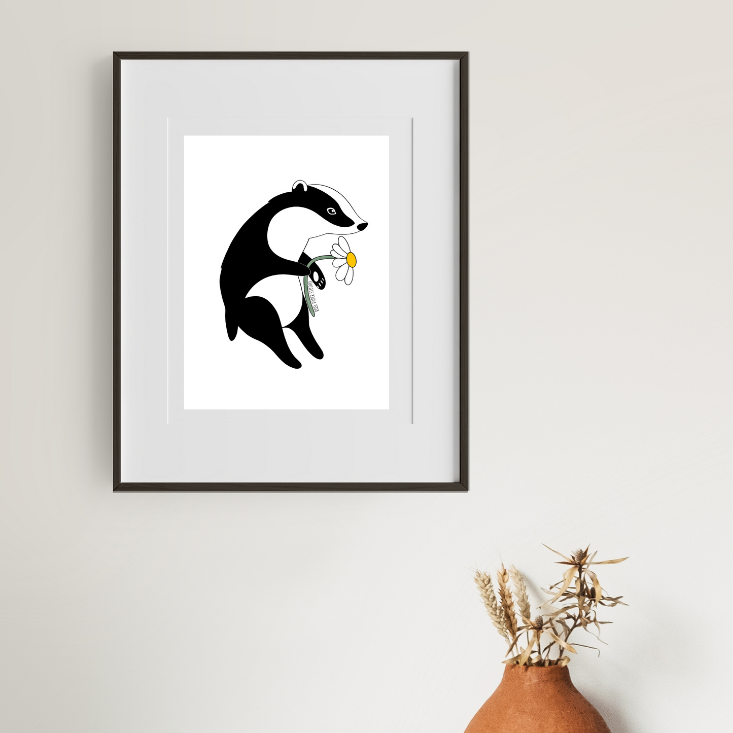 Bernadette the Badger Print | Badger with Daisy Botanical Art | Nursery Wall Art | Home Decor | Hand Drawn Animal Artwork