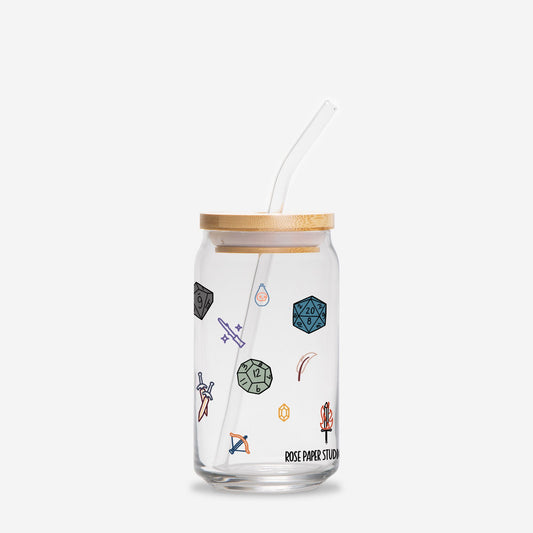 D&D Icons Glass Can Cup | 16oz | Cozy Drinkware| Iced Coffee Glass | Reusable Glass Tumbler | Cute Tea Cup | Hand Drawn Design