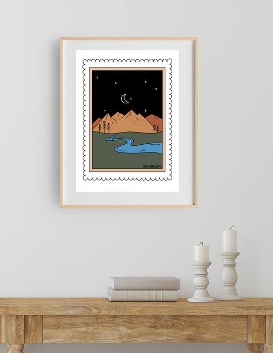 PNW Mountainscape Stamp | Botanical Art Print