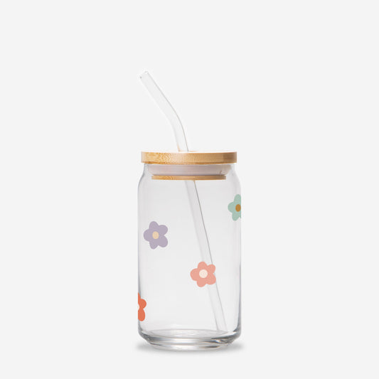 Flower Power Glass Can Cup | 16oz | Cozy Drinkware| Iced Coffee Glass | Reusable Glass Tumbler | Cute Tea Cup | Hand Drawn Design