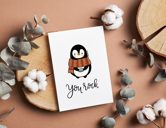You Rock | Bernard the Penguin | Blank Modern Calligraphy Greeting Card