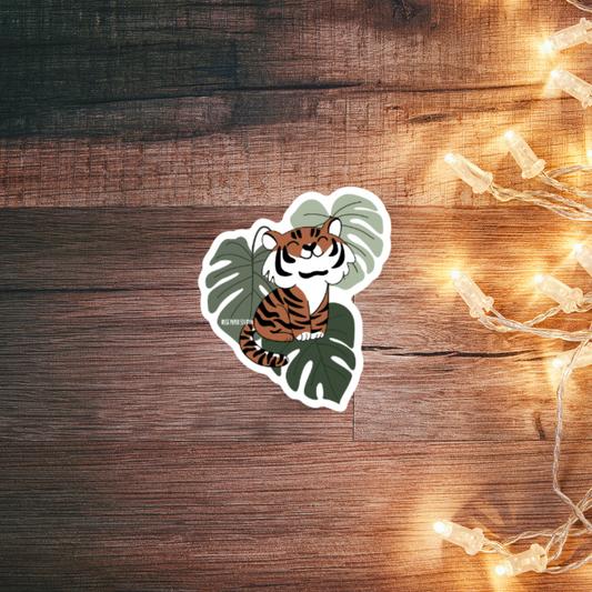 Adorable Tiger with Monstera Leaves | Weatherproof Die Cut Sticker | Water Bottle Sticker | Laptop Decal