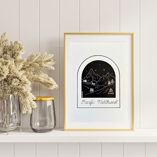 Pacific Northwest Mountainscape | Modern Calligraphy Botanical Art Print