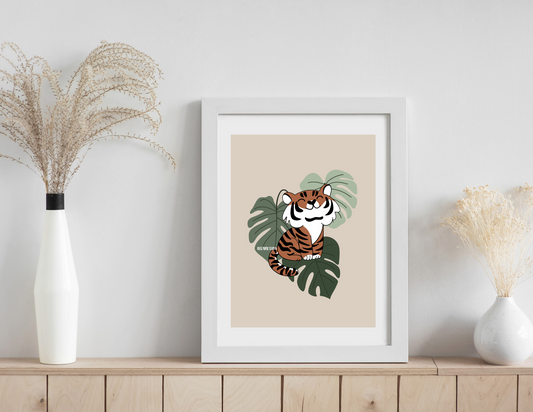 Adorable Tiger with Monstera Leaves | Botanical Art Print | Nursery Wall Decor