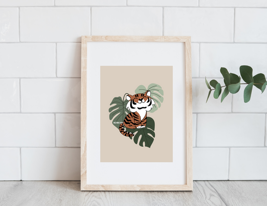 Adorable Tiger with Monstera Leaves | Botanical Art Print | Nursery Wall Decor