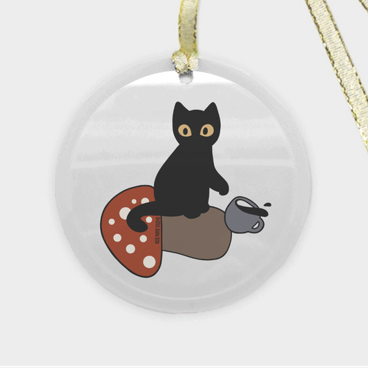 Mushroom Cat | Round Glass Christmas Ornament