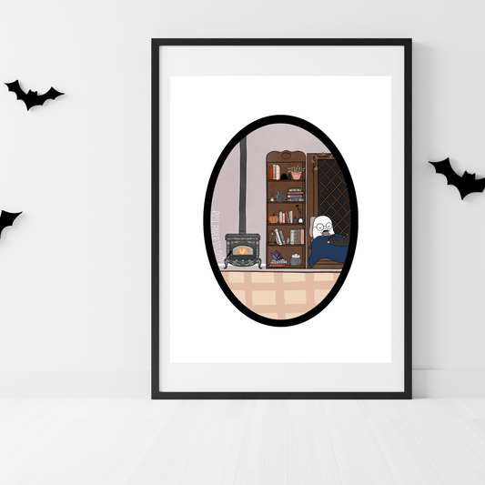 Cozy Nights Art Print | Autumn Wall Decor | Cozy Home Decor | Hand Drawn Ghosty | Spooky Cute Gift |