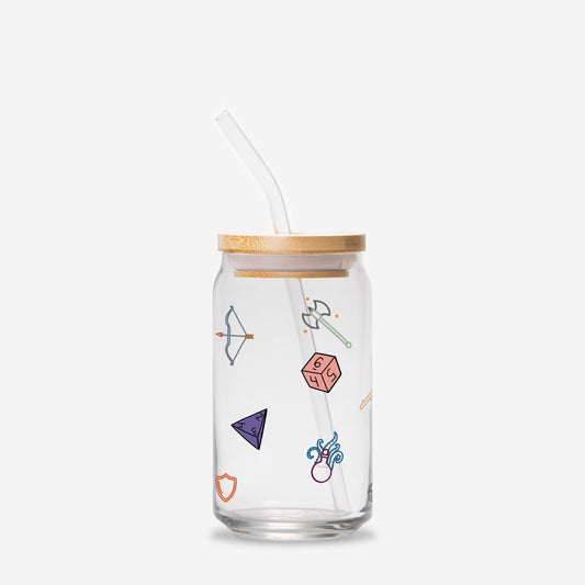 D&D Icons Glass Can Cup | 16oz | Cozy Drinkware| Iced Coffee Glass | Reusable Glass Tumbler | Cute Tea Cup | Hand Drawn Design