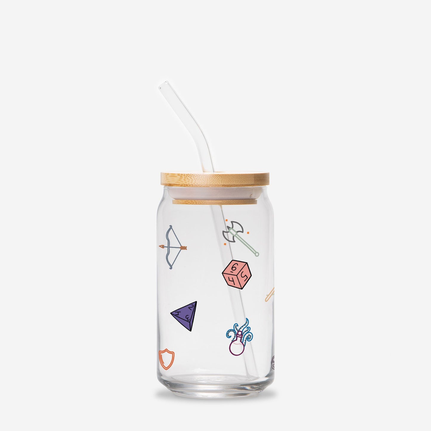 D&D Icons Glass Can Cup | 16oz | Cozy Drinkware| Iced Coffee Glass | Reusable Glass Tumbler | Cute Tea Cup | Hand Drawn Design