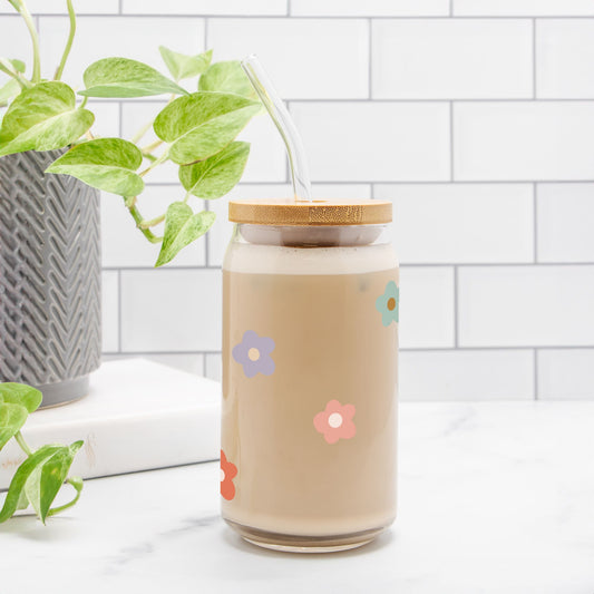 Flower Power Glass Can Cup | 16oz | Cozy Drinkware| Iced Coffee Glass | Reusable Glass Tumbler | Cute Tea Cup | Hand Drawn Design