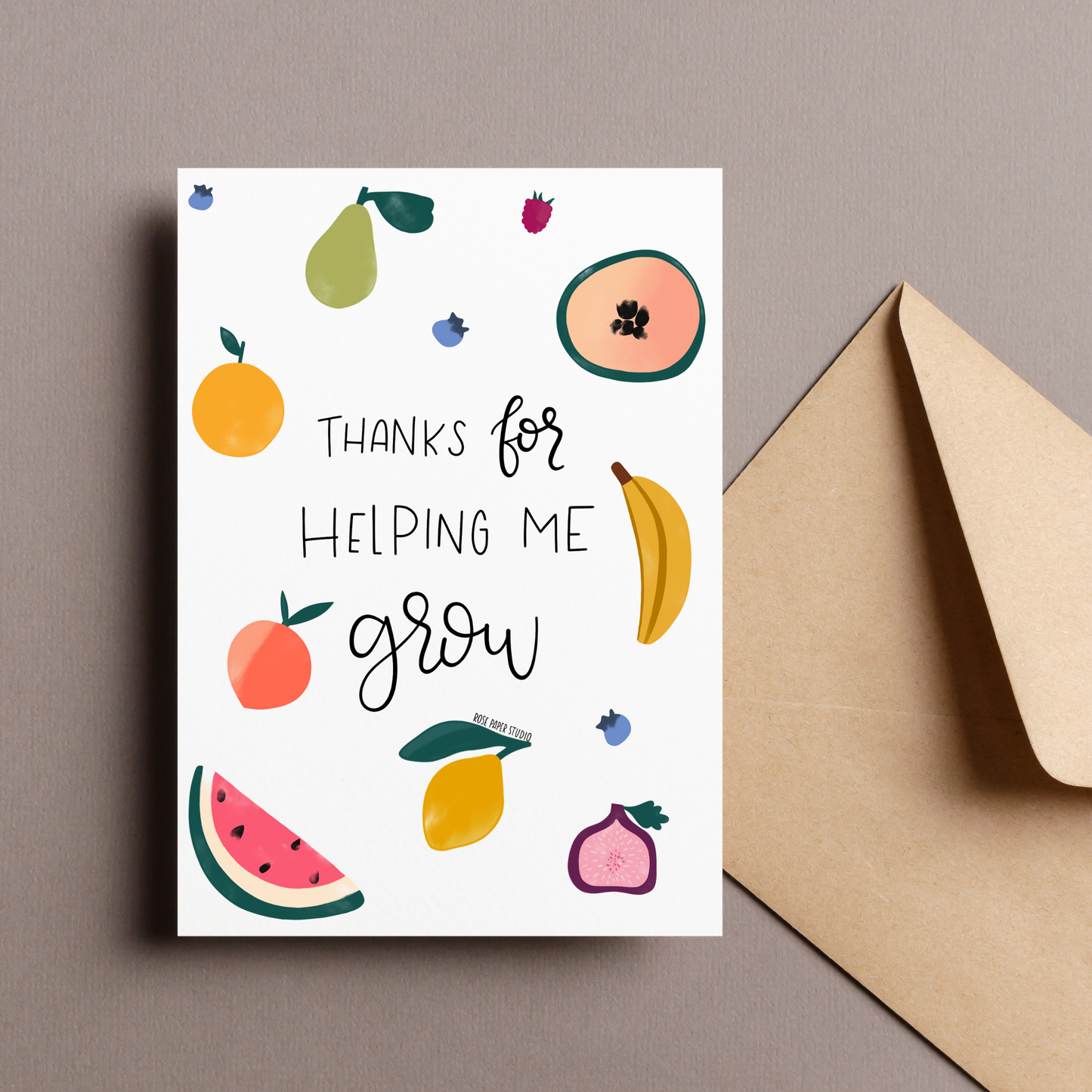 Thanks for Helping Me Grow Card | Sweet Fruit Motif Card | Thank You Card | Handmade Blank Greeting Card | Modern Calligraphy