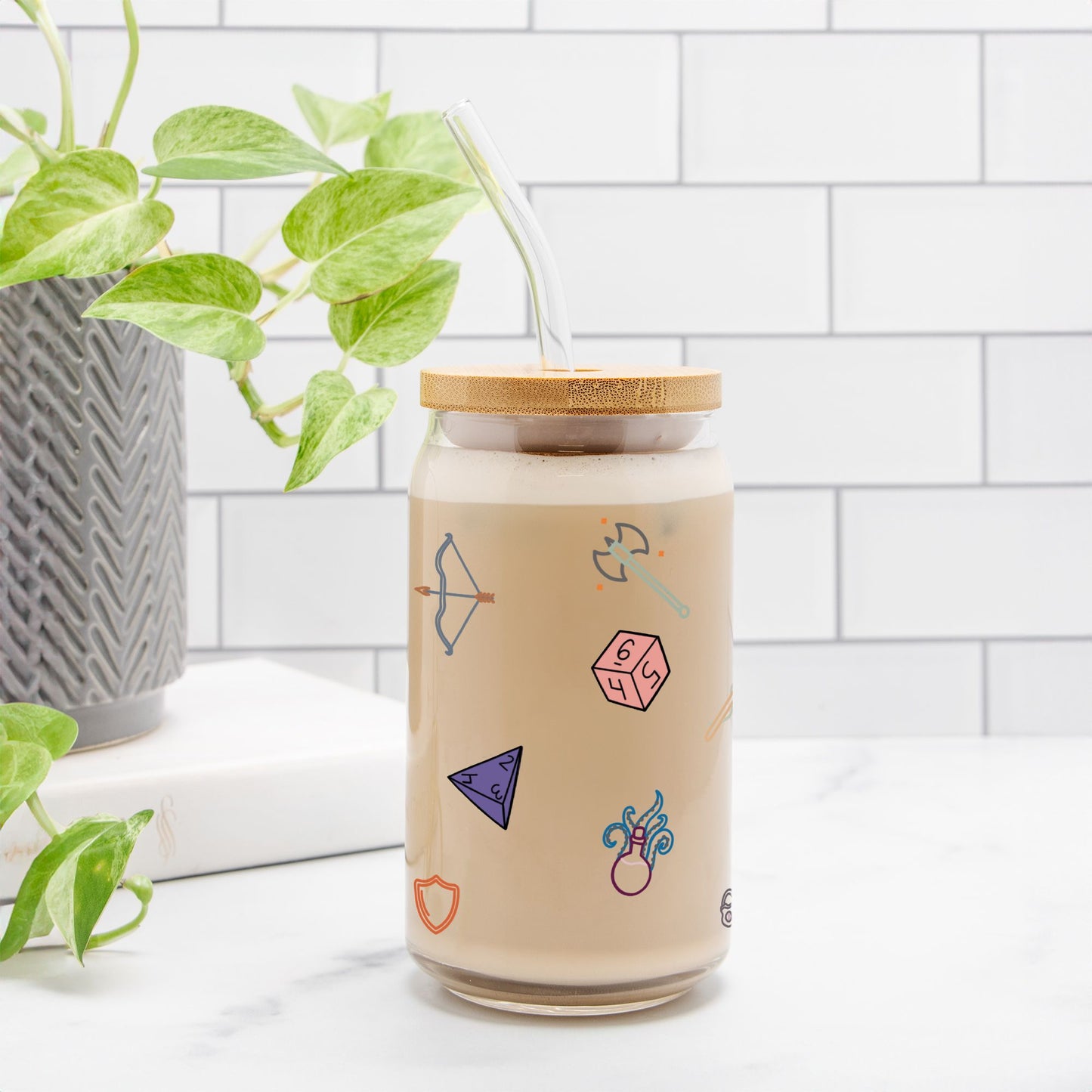 D&D Icons Glass Can Cup | 16oz | Cozy Drinkware| Iced Coffee Glass | Reusable Glass Tumbler | Cute Tea Cup | Hand Drawn Design