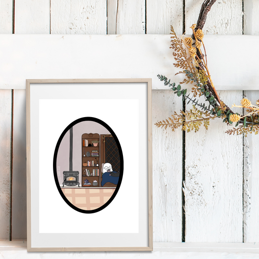 Cozy Nights Art Print | Autumn Wall Decor | Cozy Home Decor | Hand Drawn Ghosty | Spooky Cute Gift |