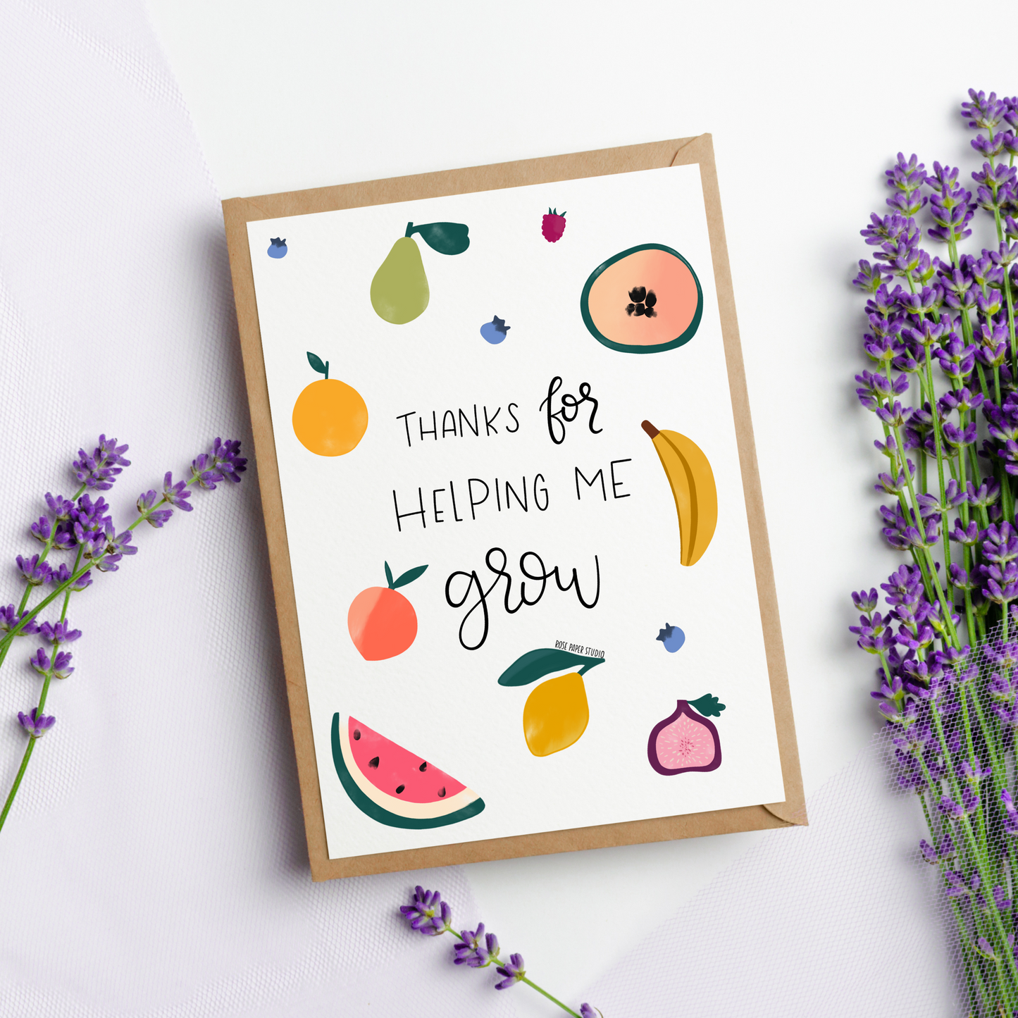 Thanks for Helping Me Grow Card | Sweet Fruit Motif Card | Thank You Card | Handmade Blank Greeting Card | Modern Calligraphy