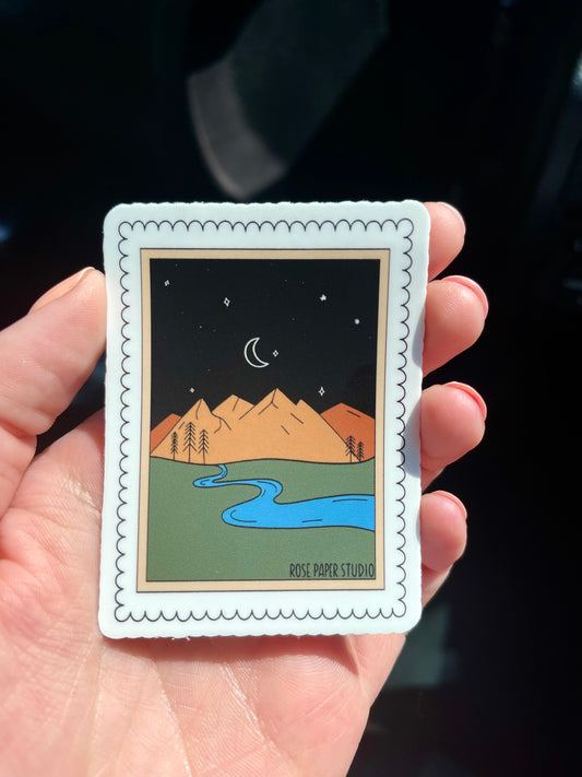 PNW Mountainscape Stamp Sticker | Weatherproof Die Cut Sticker