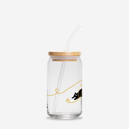 Meowy Christmas Glass Can | 16oz | Cozy Drinkware| Iced Coffee Glass | Reusable Glass Tumbler | Cute Tea Cup | Hand Drawn Design
