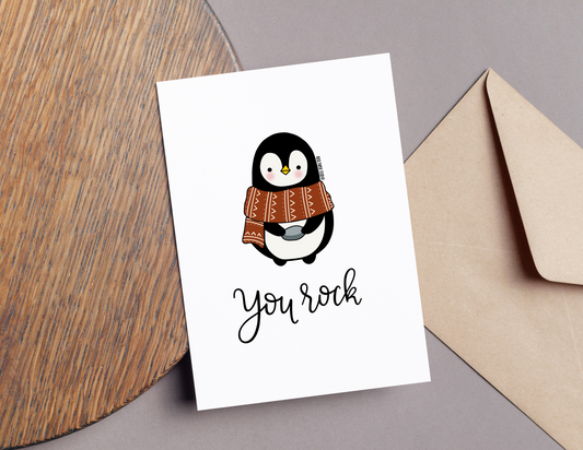 You Rock | Bernard the Penguin | Blank Modern Calligraphy Greeting Card