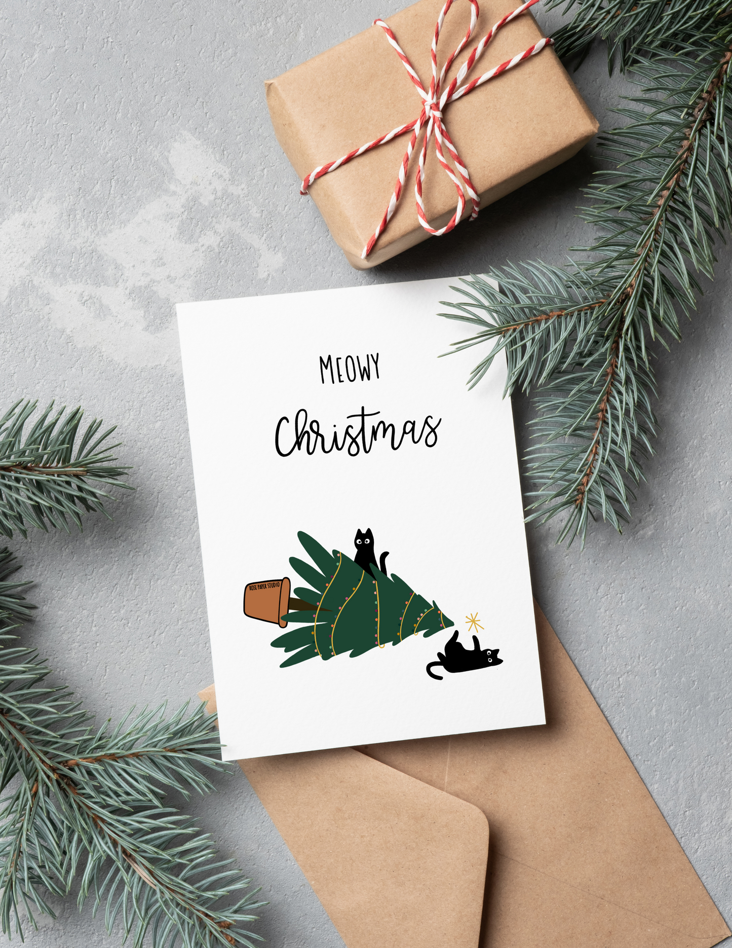 Meowy Christmas | Blank Calligraphy Greeting Card