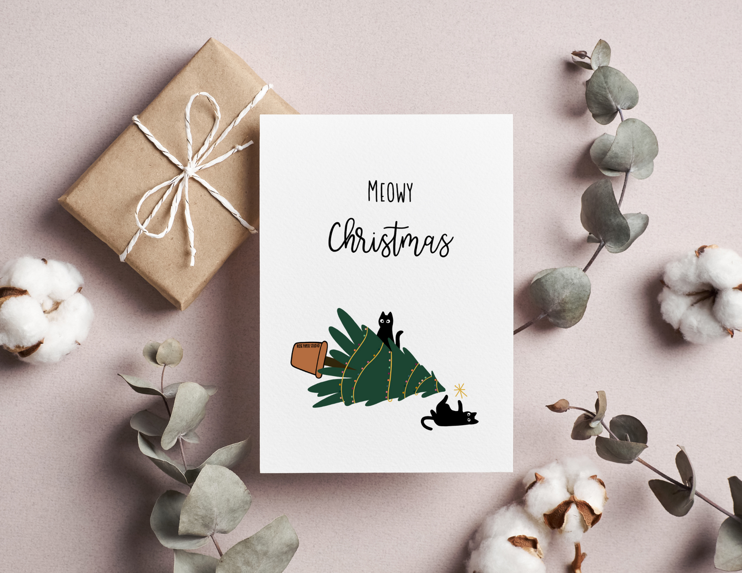 Meowy Christmas | Blank Calligraphy Greeting Card