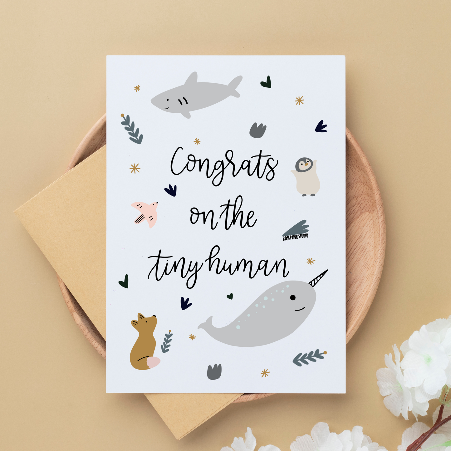 Congratulations On The Tiny Human | Blank Calligraphy Greeting Card