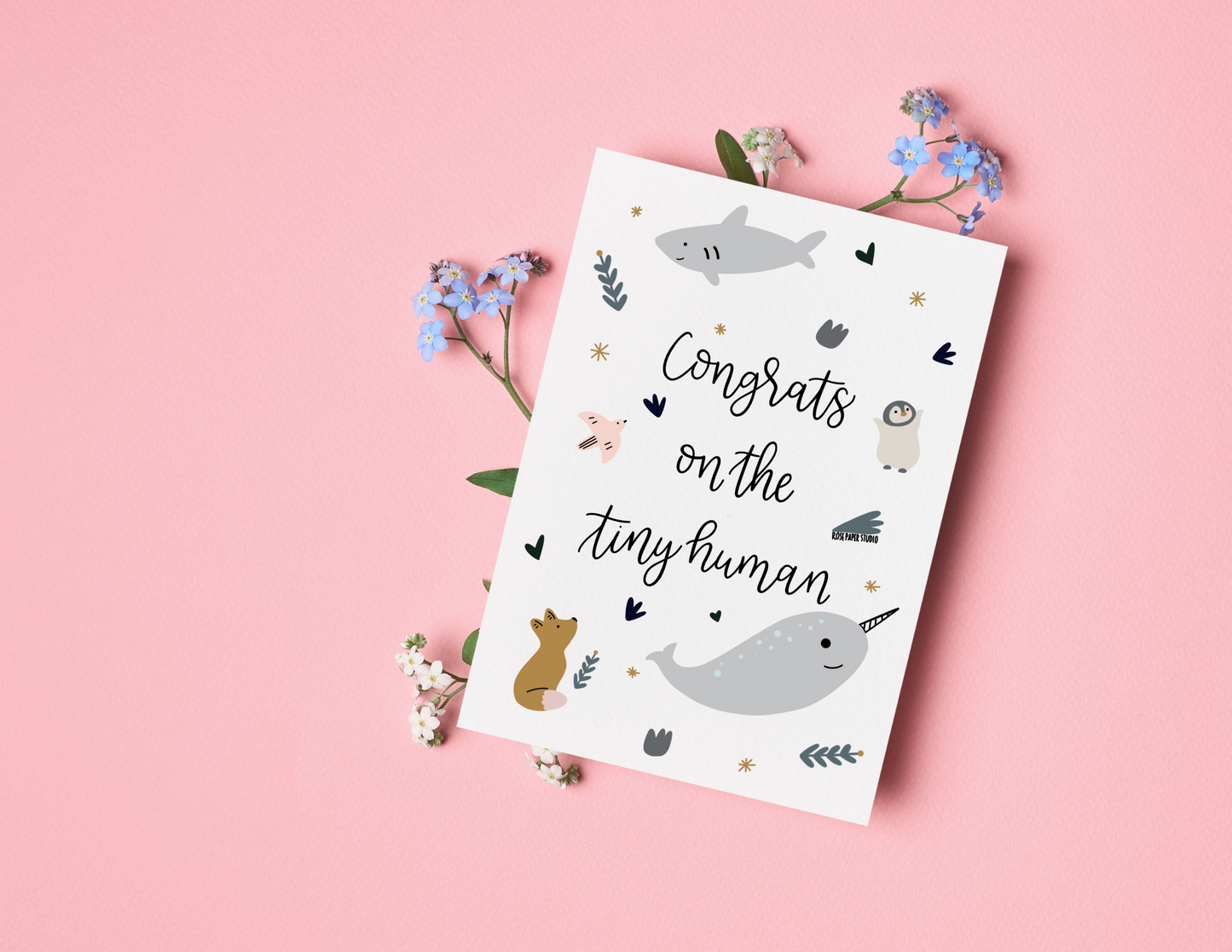 Congratulations On The Tiny Human | Blank Calligraphy Greeting Card