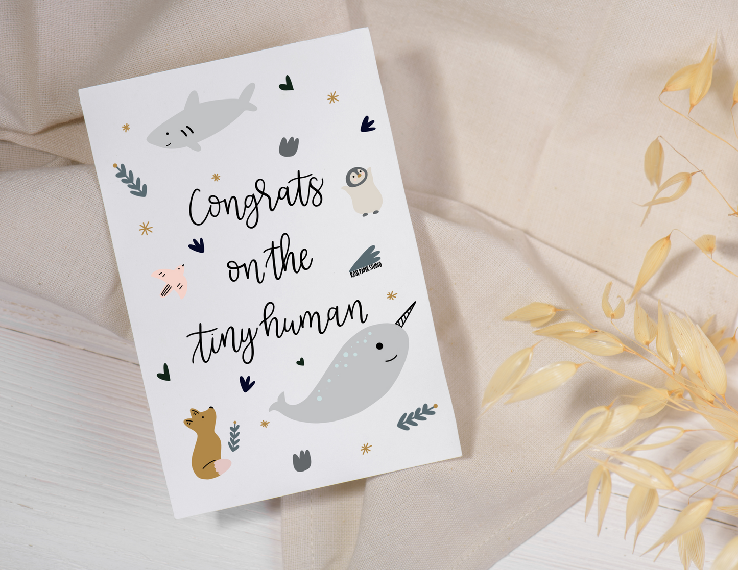 Congratulations On The Tiny Human | Blank Calligraphy Greeting Card