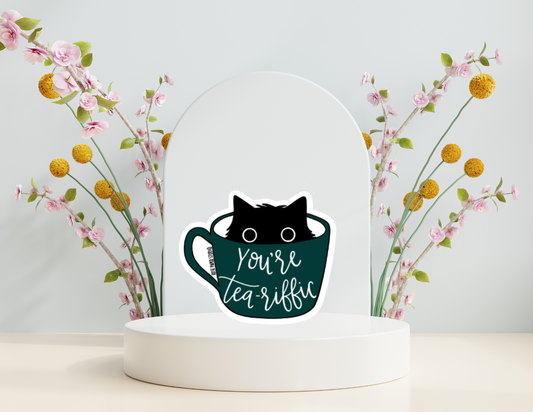 You're Tea-Riffic | Black Cat in Emerald Mug | Weatherproof Die Cut Sticker