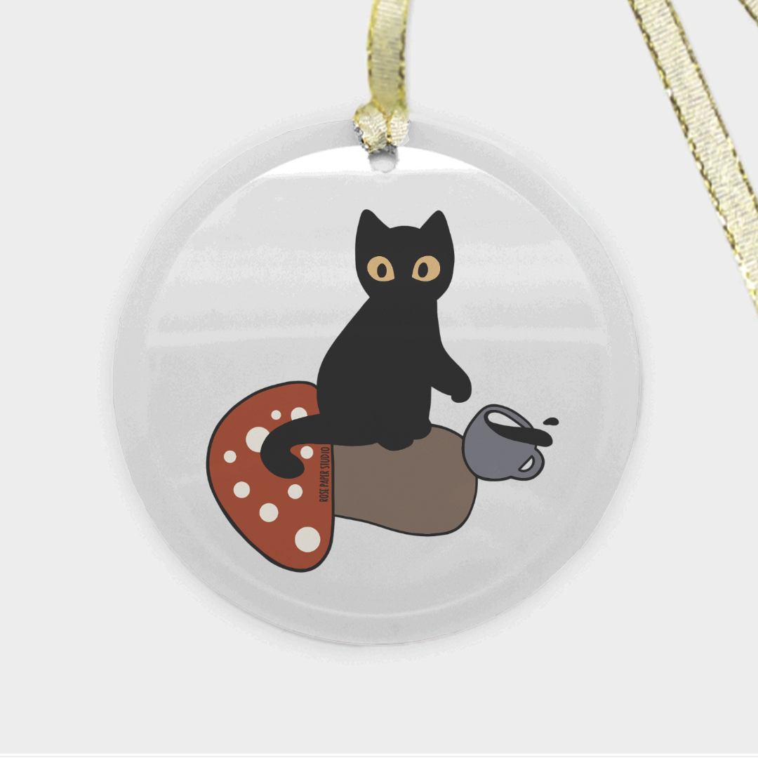 Mushroom Cat | Round Glass Christmas Ornament